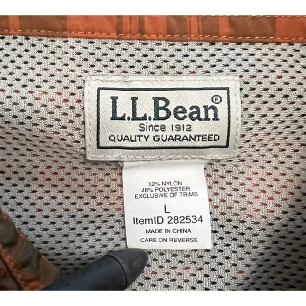 LL BEAN Orange/Green Plaid Short Sleeve Button Up Seersucker Shirt Preppy Large - Picture 4 of 4